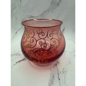 Vintage Cranberry Glass Rose Bowl Vase Gold Scroll Filigree Gilt Rim Pink 5in